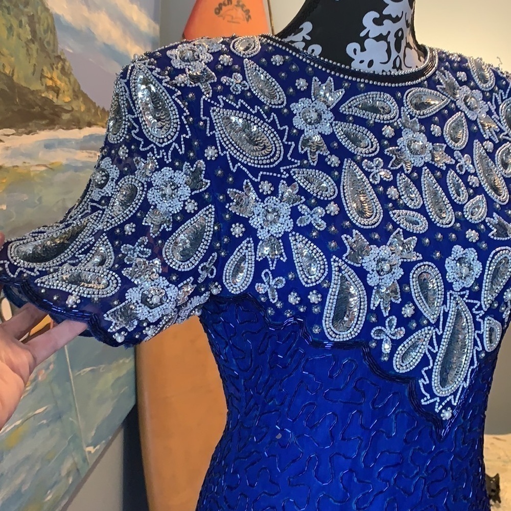 Vintage Laurence Kazar, Vibrant Beaded Blue Formal Cocktail Dress, Stunning! - Picture 6 of 8